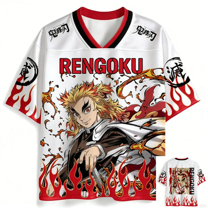 Demon Slayer Kyojuro Rengoku Flame Hashira Oversize V-Neck Jersey Unisex Streetwear Daily Casual Outfit T-shirt for Anime Fans