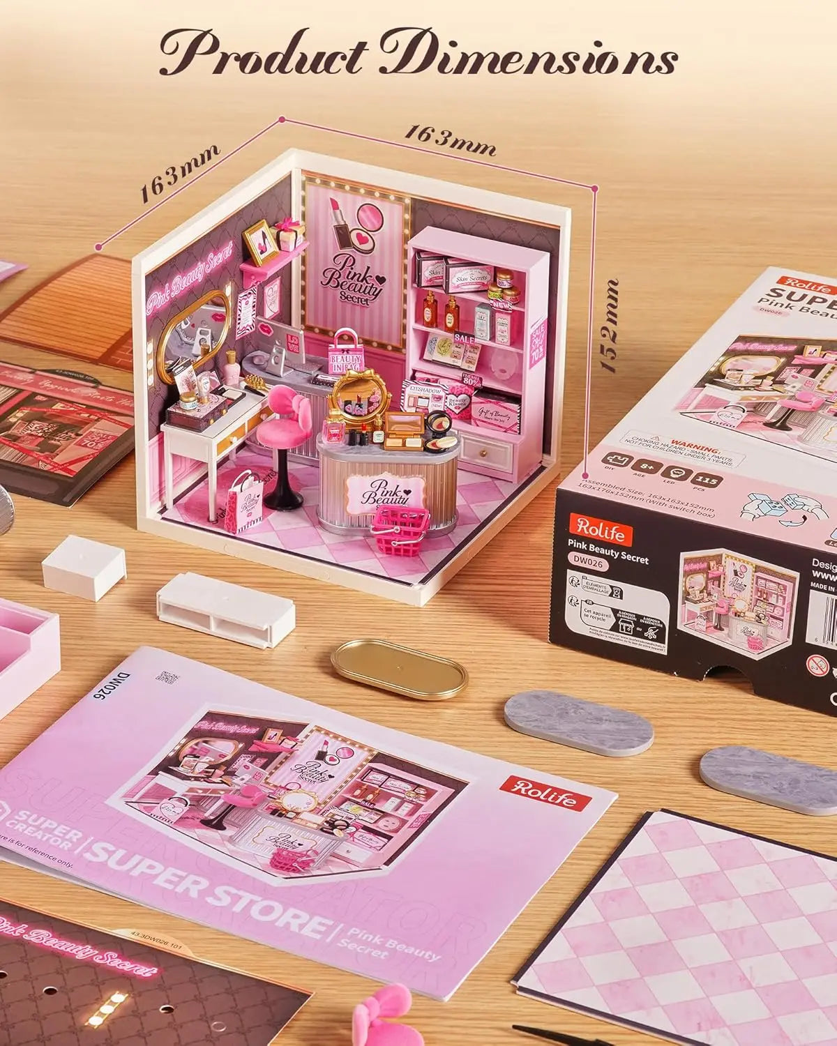 Rolife Pink Beauty Secret Super Creator DIY Miniature House Kit Model Kits for Adults to Build Home Desk Bookshelf Decoration