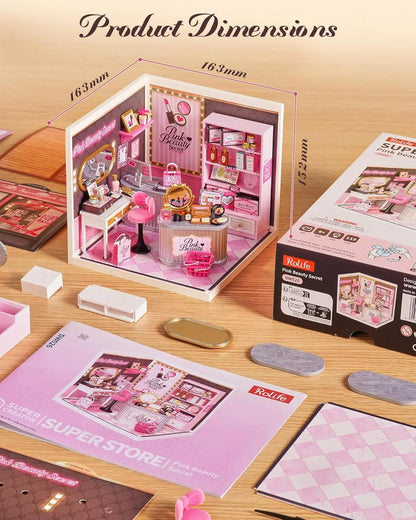 Rolife Pink Beauty Secret Super Creator DIY Miniature House Kit Model Kits for Adults to Build Home Desk Bookshelf Decoration