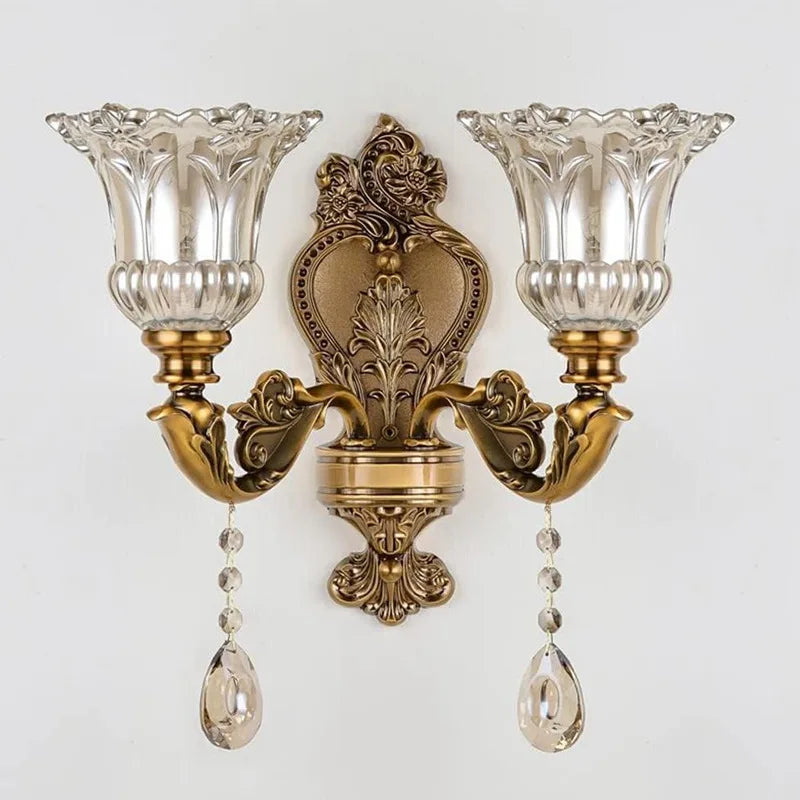 European Style Retro Crystal Glass Wall Lamp Dual Head Living Room Bedroom Bedside Lamp Corridor Corridor Wall Lamp
