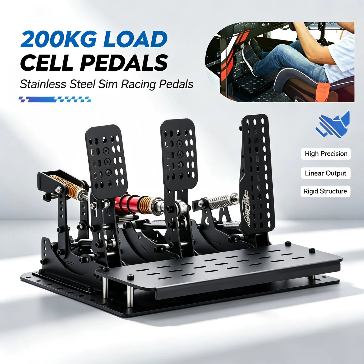 Simruito Sim Racing Pedals, 200kg Load Cell 3 Pedal Set, USB Simracing Pedals Adjustable Brake, Black/Silver for PC Simulator