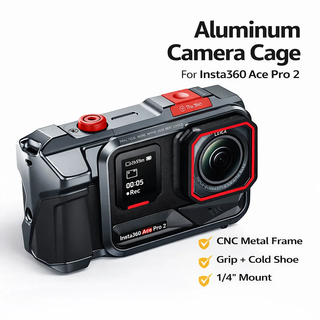 For Insta360 Ace Pro 2 Aluminum Camera Cage Metal Protective Frame with Grip Cold Shoe 1/4 Mount
