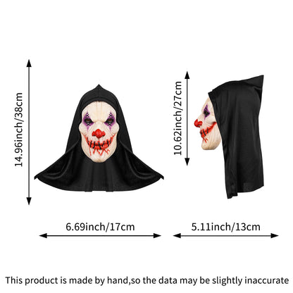 Horror Clown Latex Mask with Black Hood - Scary Stitched Face Mask for Halloween, Carnival, Music Festivals & Prank Gifts