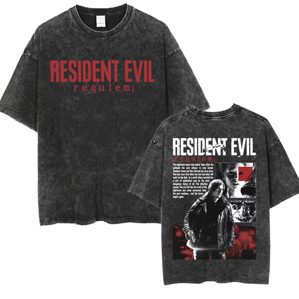 Limited Resident Evil Requiemm Anime T Shirt Men's Clothing Gothic Vintage Washed T Shirts Summer Tops O-Neck T-shirt Streetwear