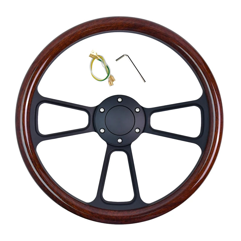 Universal 14 Inch 350mm Classic Retro Microfiber Leather Steering Wheel Black Chrome Plated Three Spoke Bracket 7mm Thick
