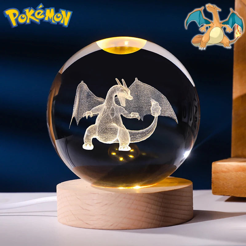 Pokemon 3D Crystal Ball Figure Toys Blastoise Scyther Garchomp Greninja Lugia Ampharos Gengar Glass Ball Night Light Gifts Kids