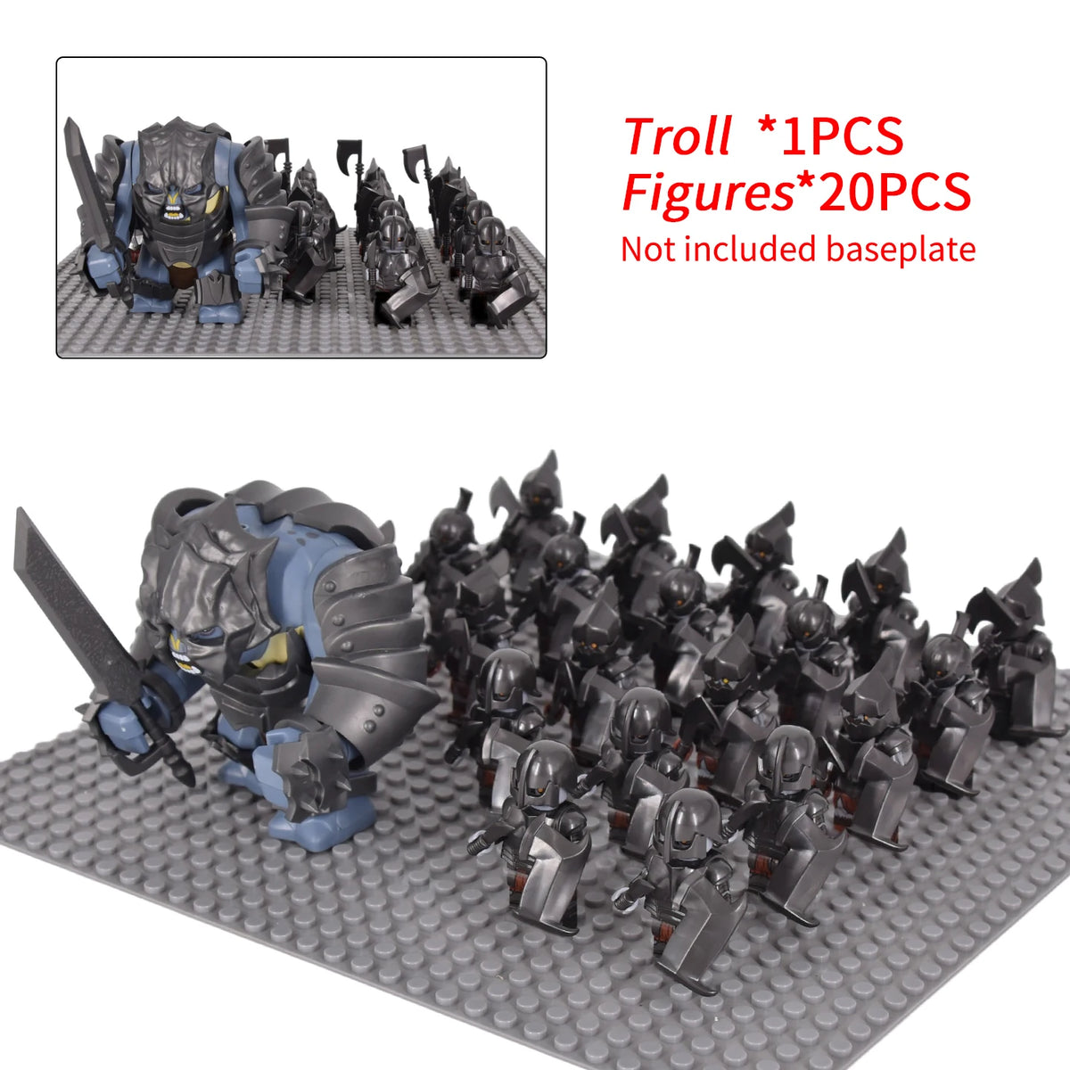 Orc Warrior Block Figures Set, Giant Troll Monster + 20Pcs Armored Soldier Models, Fantasy Army Building Bricks, Detailed Armor