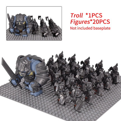 Orc Warrior Block Figures Set, Giant Troll Monster + 20Pcs Armored Soldier Models, Fantasy Army Building Bricks, Detailed Armor