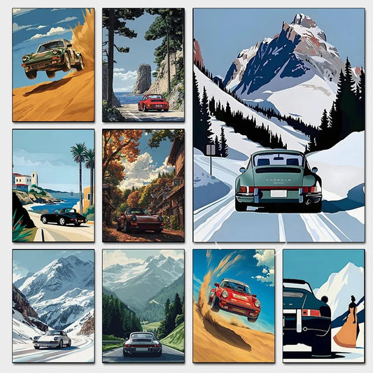 Classic Alpine Drive Poster Vintage Alpine Tour Cartoon Print Canvas Painting Wall Art Painting Home Living Room Decor