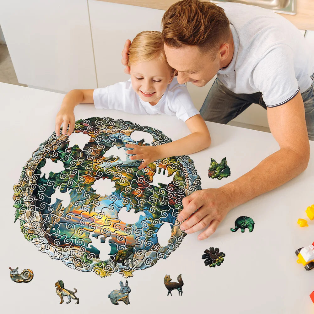 3D Wooden Circular Puzzle - Green Forest Sunset Scene, Family Game Activities, Wooden Home Decoration Gifts