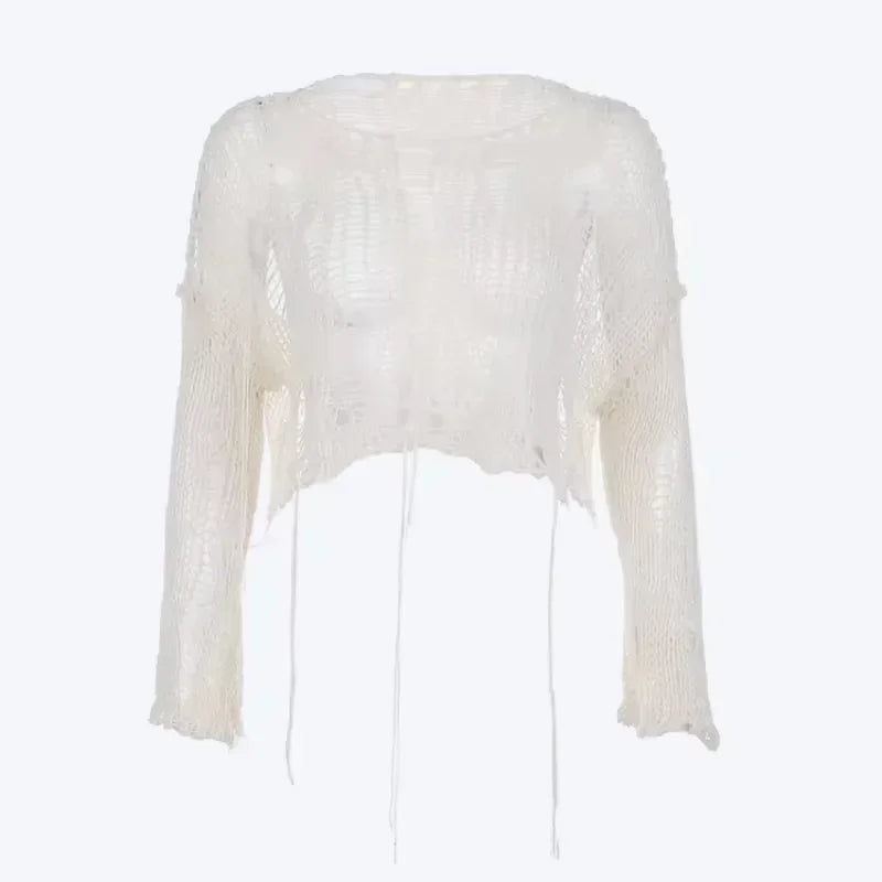 Solid Slash Neck Grunge Knitted Women's Sweater Hole Ripped Pullover Crop Top Harajuku Hollow Out Sexy Summer Jumpers All Match