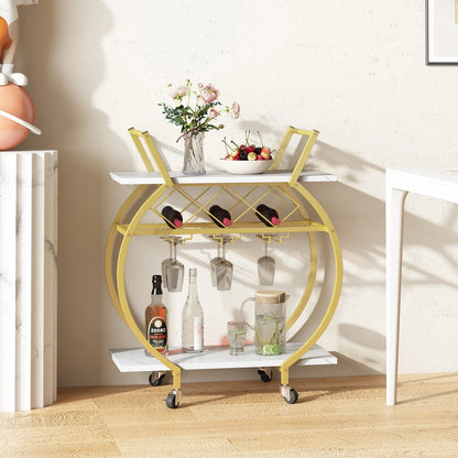 Gold and White Bar Cart Mini Rolling Kitchen Storage Cart with Wine Rack and Glass Holders Wine Cart