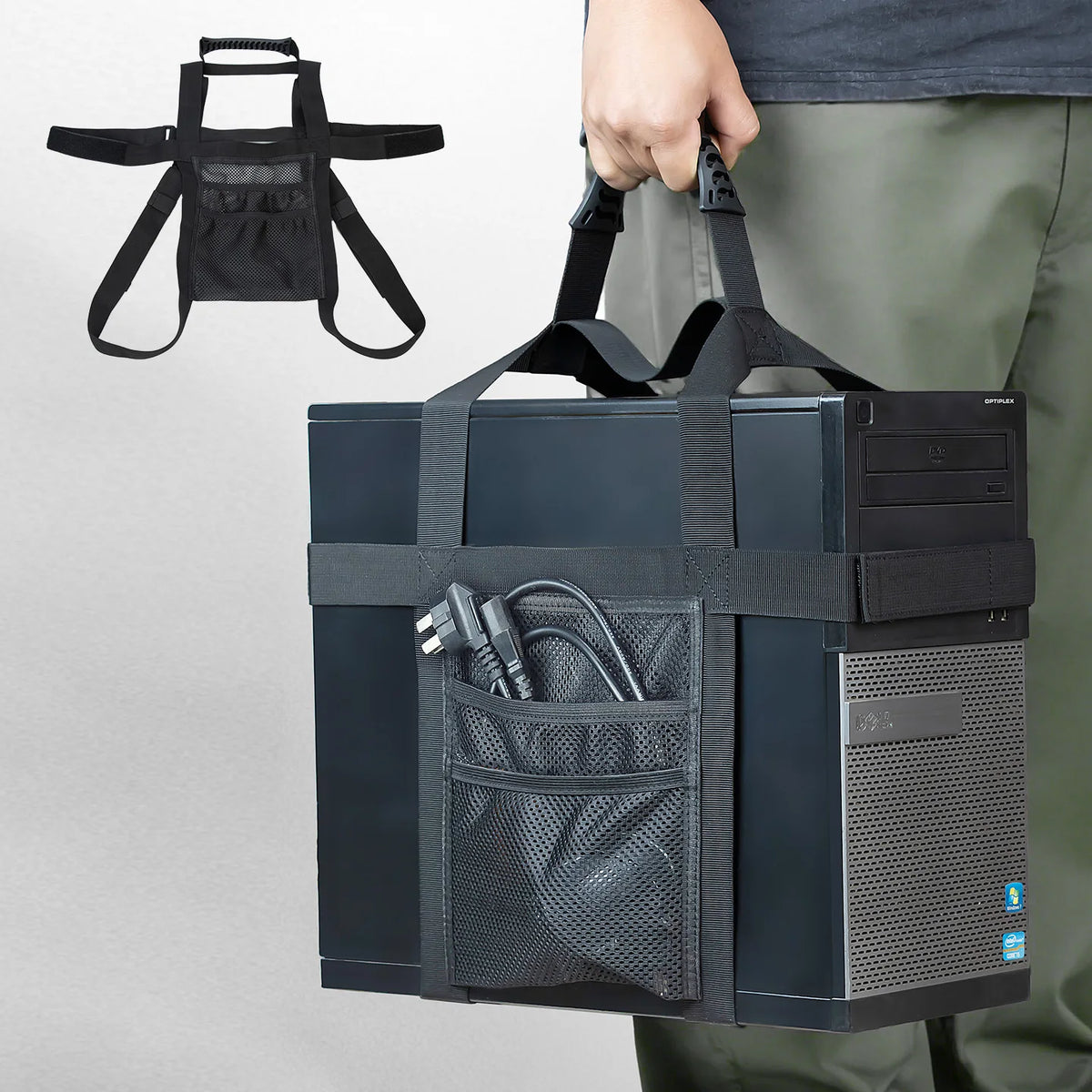 Computer Tower Transport with Handle Universal PC Tower Carrying Strap Gaming Desktop Belt with Side Pockets for Cables Mouse