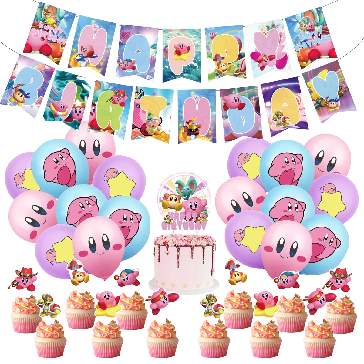 Hot kawaii Star Kirby Birthday Party cutlery plate Disposable Banner Cake Topper Hanging Flag Kirby‌ Balloon Birthday Decoration
