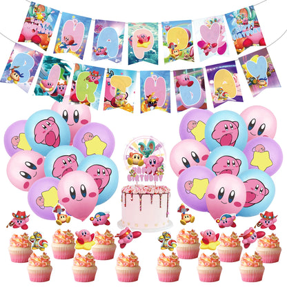 Hot kawaii Star Kirby Birthday Party cutlery plate Disposable Banner Cake Topper Hanging Flag Kirby‌ Balloon Birthday Decoration