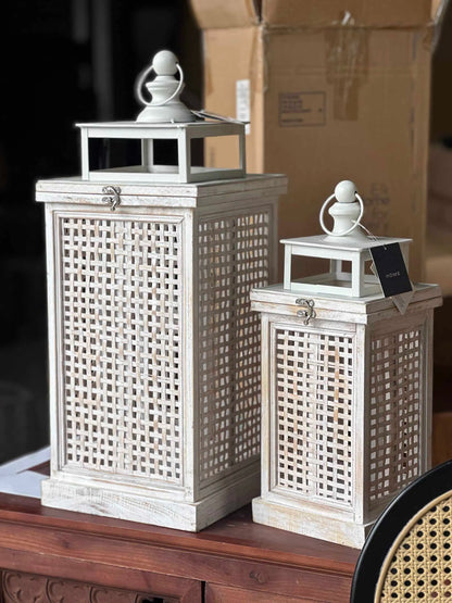 Rustic Wooden Lantern Set with Lattice Design, Distressed White Finish, Solid Wood and Bamboo Weave, 2 Piece Set, Large 25x25x62