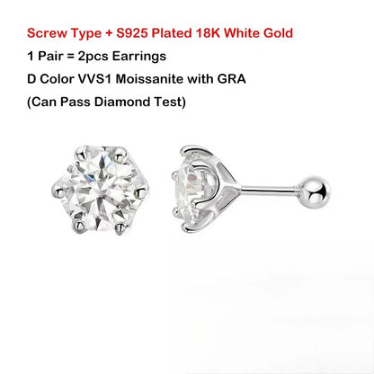 EWYA 0.2/0.5/2ct D Color Moissanite Screw Stud Earrings for Women Men Silver 925 Plated 18K Pass Diamond Test 6 Prong Earring