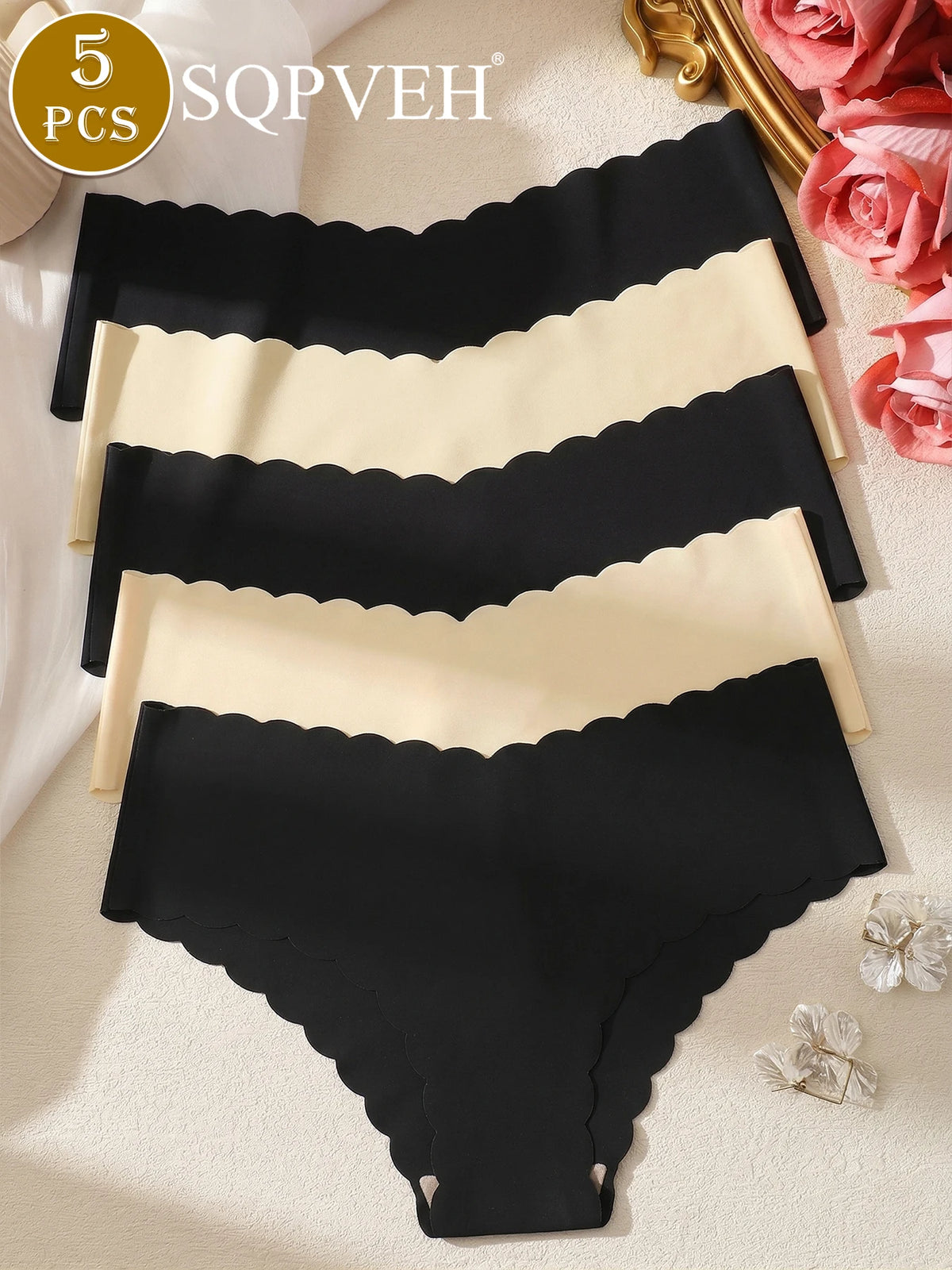 5PCS Women's Seamless Wavy Edge Underwear, Breathable Comfortable Solid Color Briefs