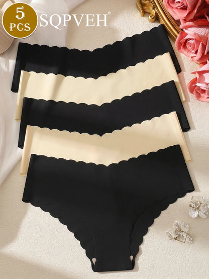 5PCS Women's Seamless Wavy Edge Underwear, Breathable Comfortable Solid Color Briefs