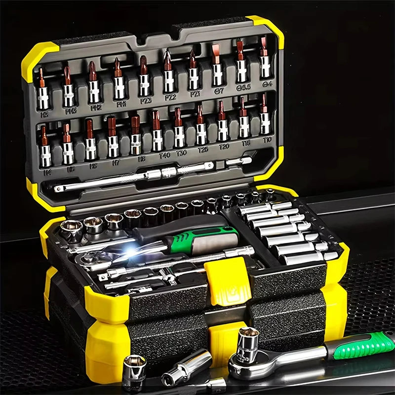 53 PCS Set of 1/4 Inch Socket Ratchet Wrench Set, Socket Drill Bit Extension Rod Automotive Repair with Case Car Repair Househol
