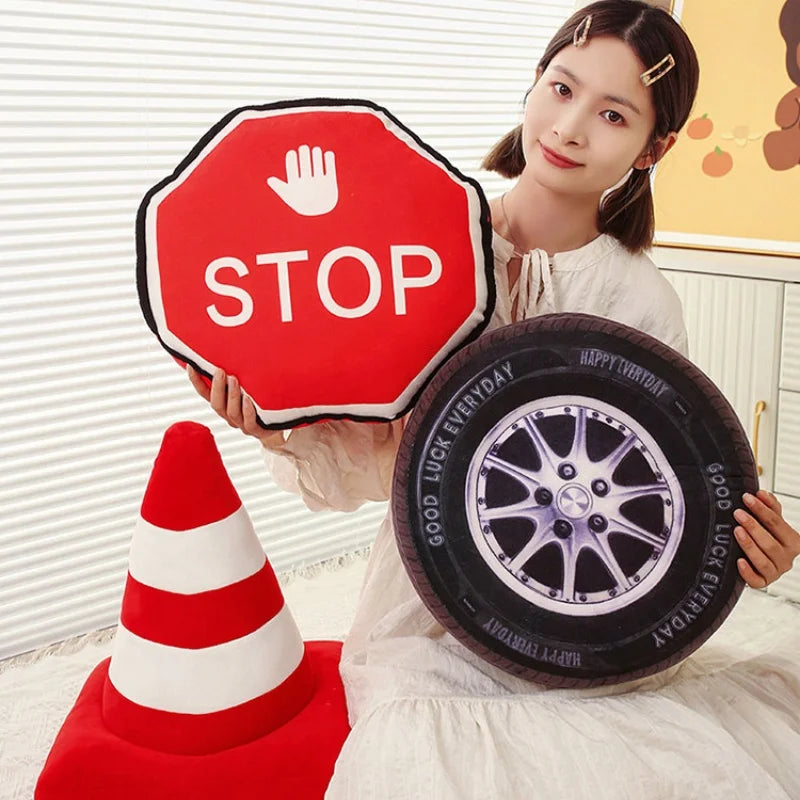 Simulation Vehicle Car Tires Traffic Light Stop Sign Plush Toy Roadblock Road Railing Stuffed Doll Home Decor Sleeping Cushion