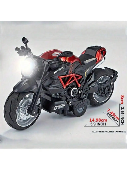 1:12 Scale Die-Cast Alloy Motorcycle Toy with Real Engine Sound & LED Light Effects - Friction-Powered Crash-Resistant Ride-On T