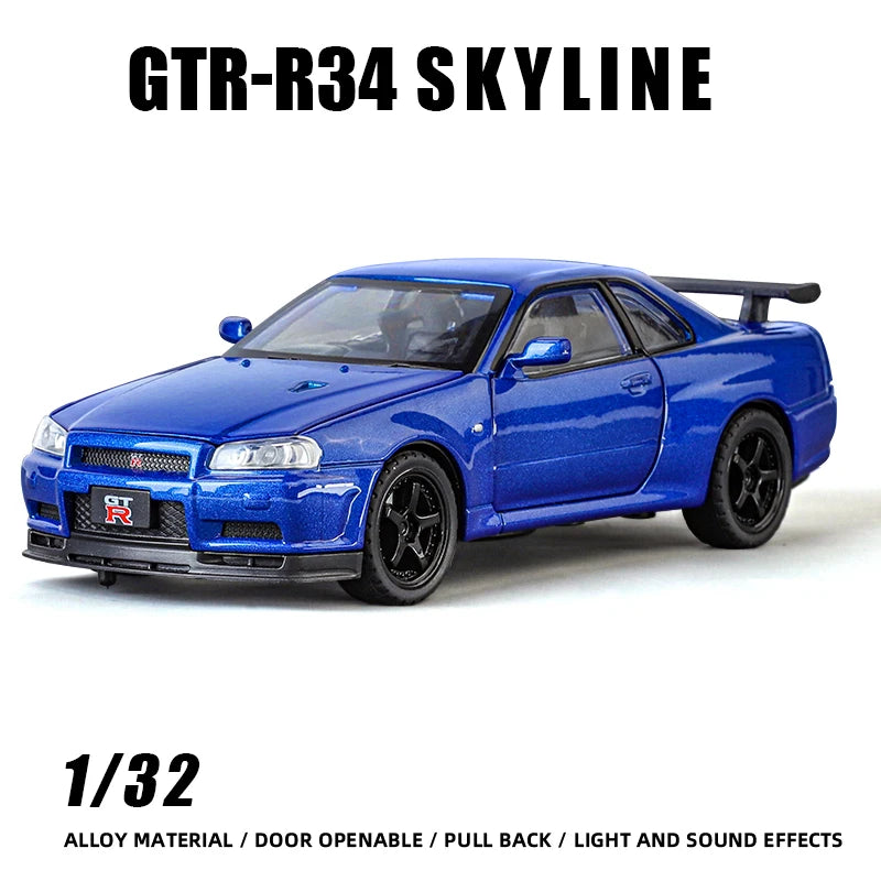 1:32 GTR Modified SKYLINE Supercar Alloy Car Diecast Metal Vehicle Model Sound Light Kids Toy Boy Gift CollectFast Furious Ornam