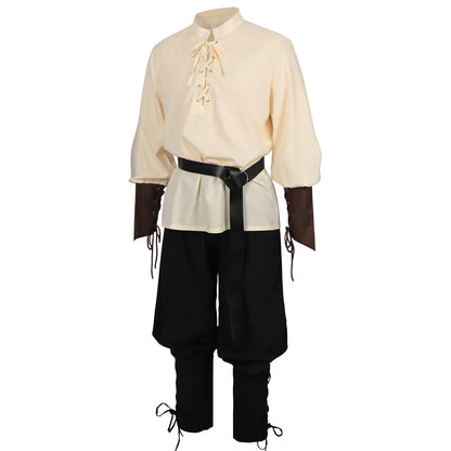 Men's Medieval Pirate Costume Renaissance LARP Shirt with Belt, Retro Gothic Lace-up Top & Pants Set for Halloween Cosplay