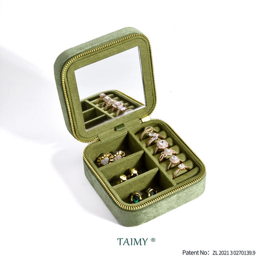 TAIMY Vintage Velvet Travel Jewelry Storage Ring Box Flip with Mirror Organizer Support Logo Custom Retro Green Jewelry Box