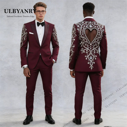 ULBYANRY Luxury Beaded Men's Formal Burgundy Suit Jacket Pants Cut-Out Back Prom Suit Attires Customized Wedding Suits