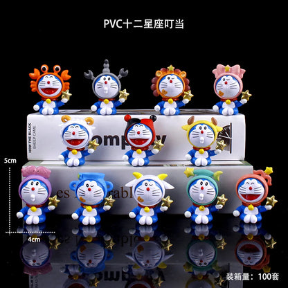 12 constellation Doraemon character set, tinkling cat 12 zodiac PVC mini statue, desktop ornaments collection model toy gift.