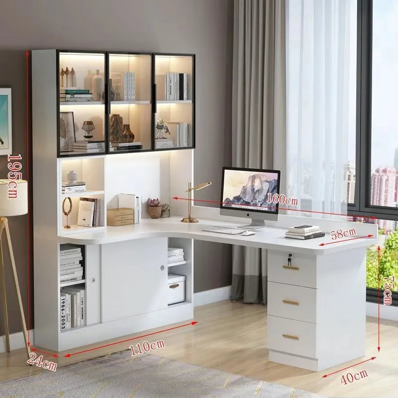 Writing Study Desk Integrated Bookshelf L-Shaped Computer Desk Bookcase Luxury Home Bedroom Office Computer Desk with Drawers