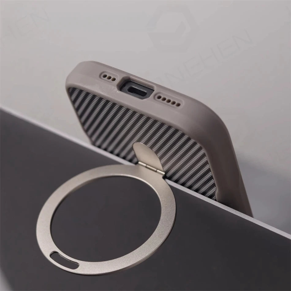 Luxury For Magsafe Shockproof Frame Armor Case For iPhone 13 15 12 14 16 17 18 Pro Max Metal Bracket Carbon Fiber Pattern Cover
