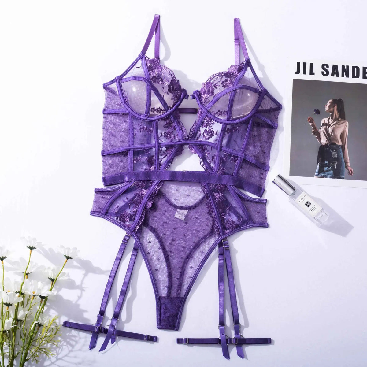 Toucheart Lace Sexy Skinny Babydoll Bodysuit Embroidery Erotic Private Adult Suit Solid Color Patchwork High Waisted Sexy Set