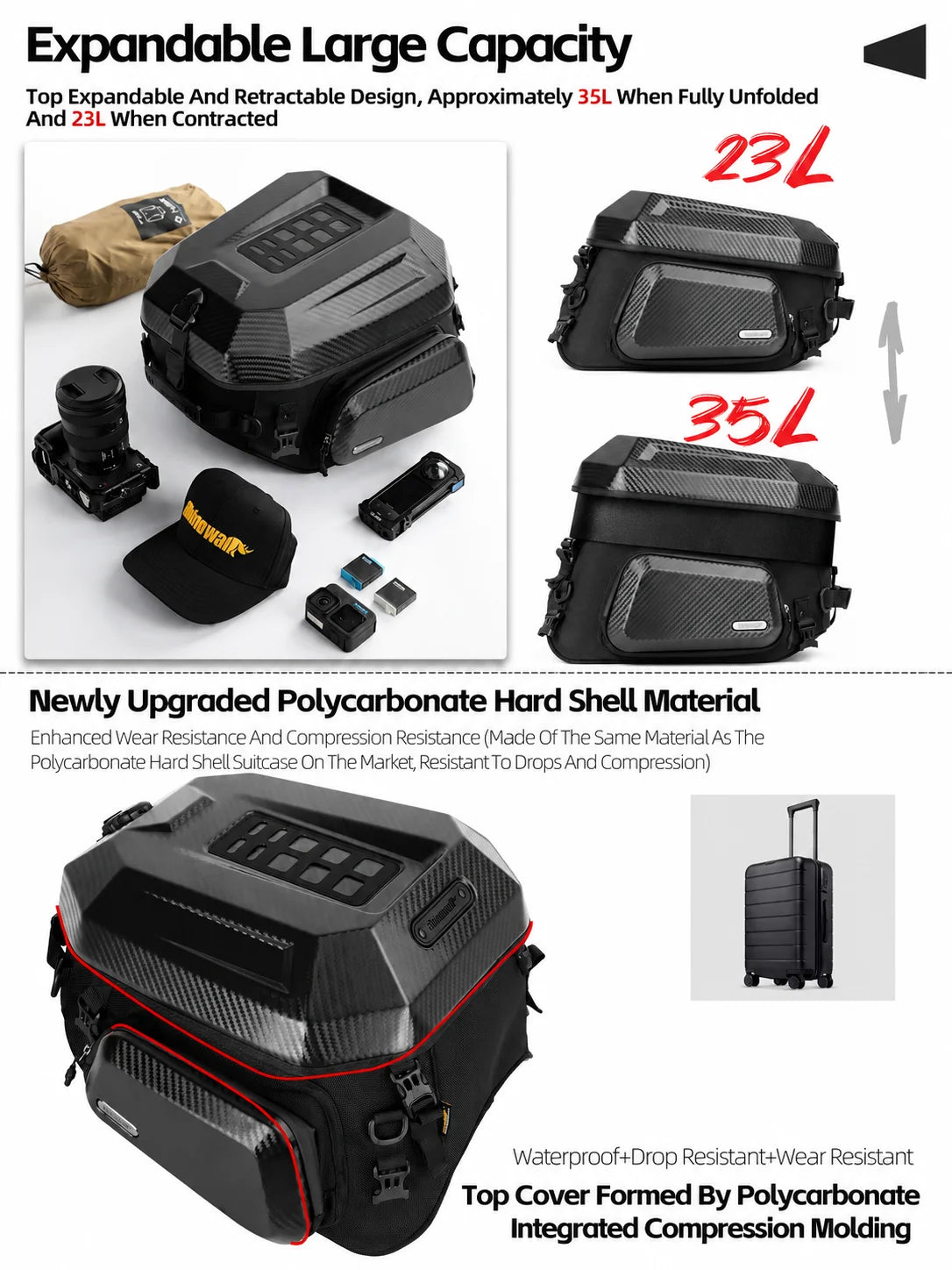 Rhinowalk Motorcycle Helmet Tail Bag 23L-35L Expandable Waterproof Rear Seat Bag Backpack for Street Sport ADV Bikes Storage New