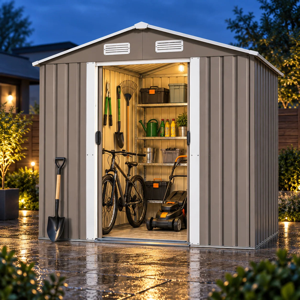 Outdoor Steel Storage Shed Garden Tool Storage House Lockable Door Waterproof Rust Resistant Backyard Patio Utility Building