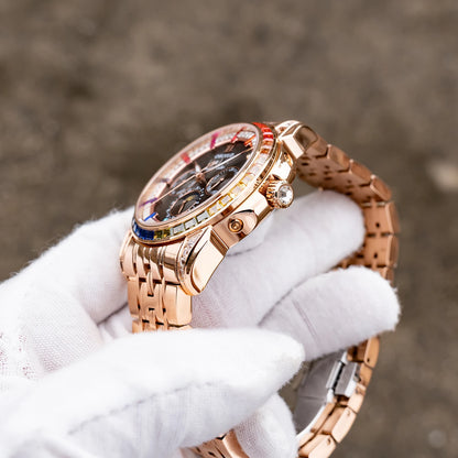 OBLVLO Men's Multifunctional Mechanical Watch with Colorful Zircon Moonphase Elegant Rose Gold Bracelet Band GCM-MUT