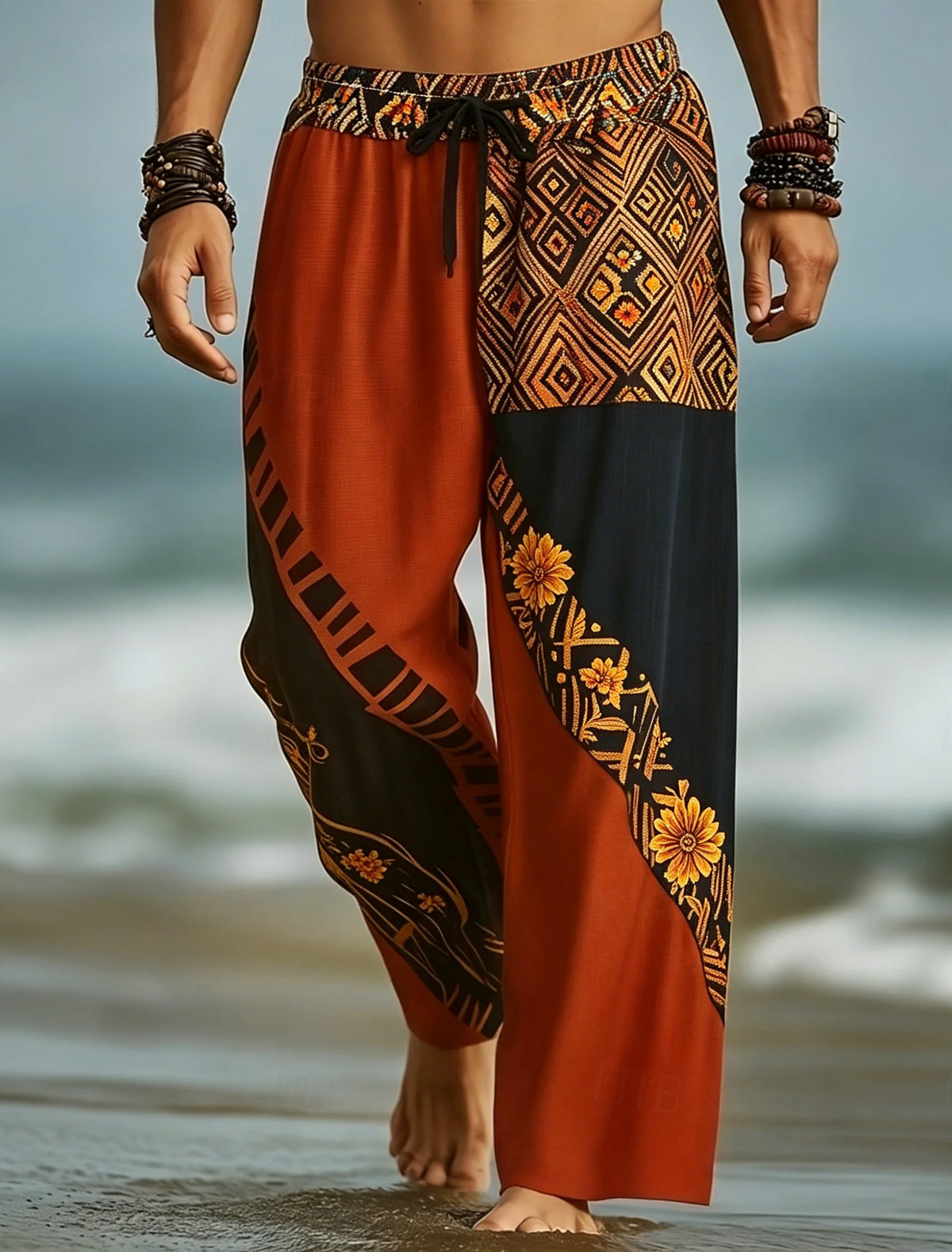Men's Drawstring Waist Patchwork Tribal Geometric Print Long Pants, Relaxed Loose Fit For Spring Summer Beach Daily Wear