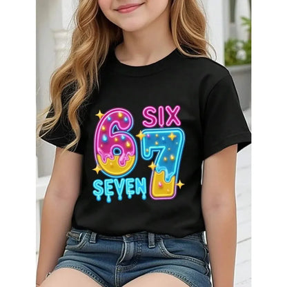 Children's 67 Christmas Elf Print Girls Short Sleeve Round Neck Tee Parties Casual Wear Comfort Children Clothes Girl Clothing