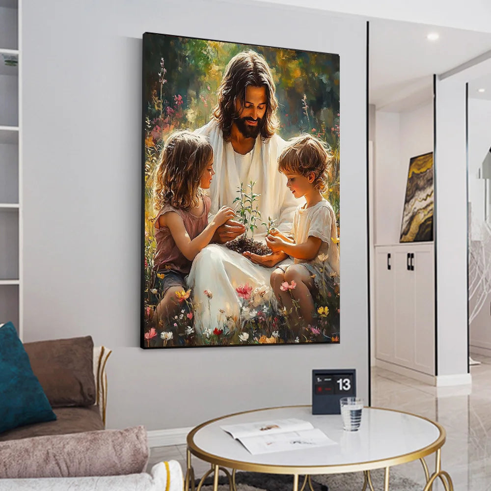 Graffiti Christian Jesus With Child Art Posters Christian Faith Jesus Walking In Flower Field Canvas Painting Bedroom Home Decor