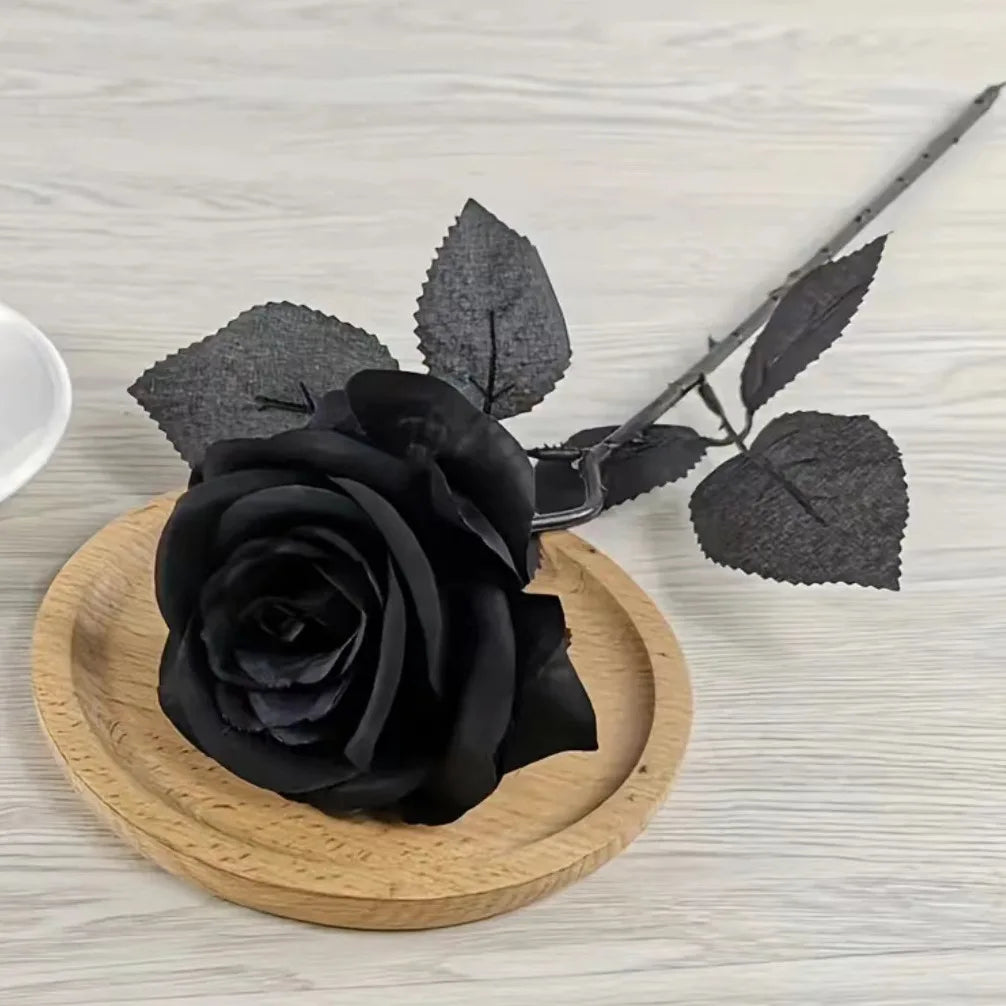 Artificial Black Roses Fake Flowers Long Stem With leaves for Halloween Home Decor Wedding Party Tabletop Bouquet DIY Creative