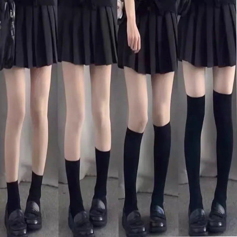 Solid Color Black White Long Socks Women Stockings JK Girls Thigh High Stockings Velvet Breathable Knee High Socks Stockings Sox