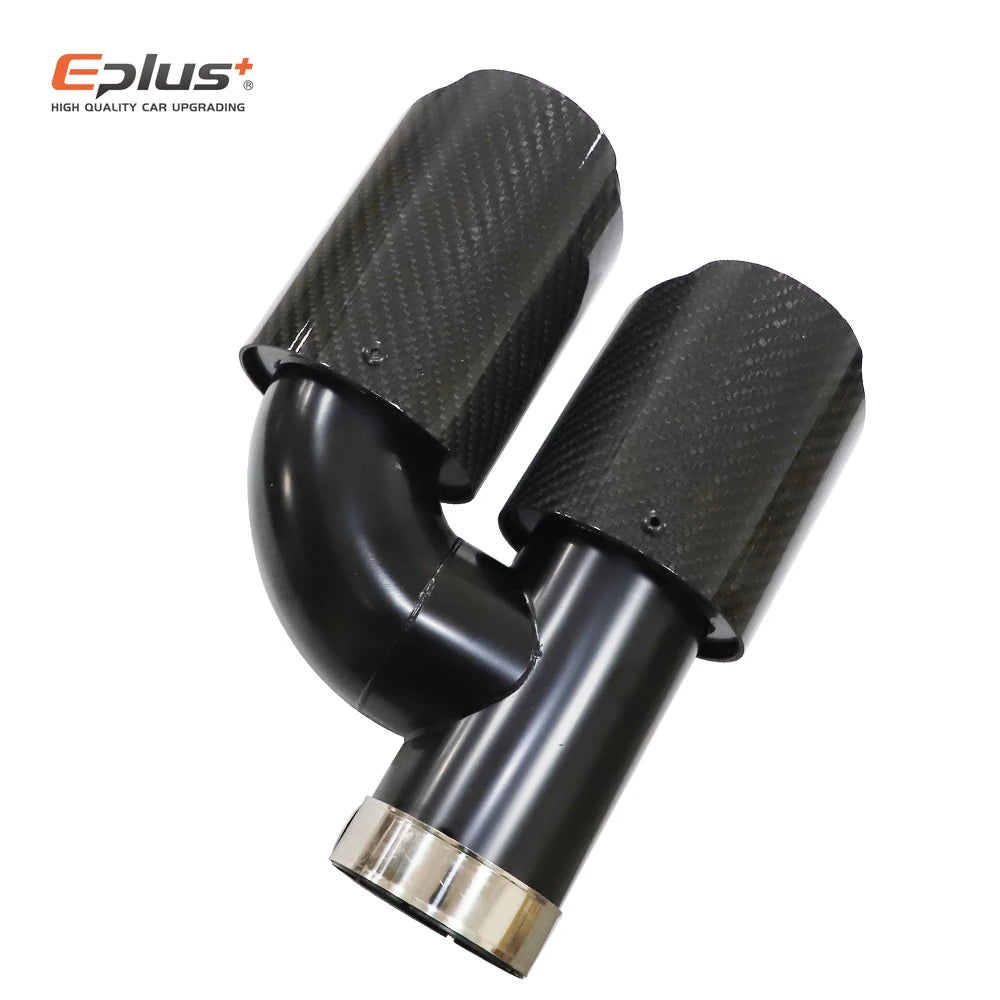EPLUS Car Carbon Fiber Glossy Muffler Tip H Shape Double Exit Exhaust Pipe Mufflers Nozzle Decoration Universal Stainless Black