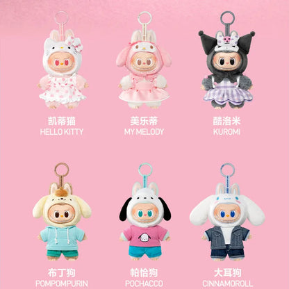NEW POP MART The Monsters X Sanrio Family Labubu Hello Kitty Kuromi Vinyl Plush Doll Keychain Blind Box Kawaii Toys Kids Gift