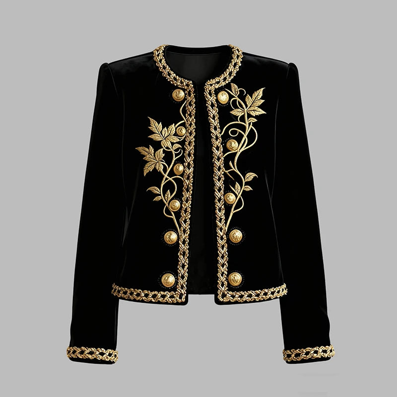 Modigirl Woman Fall Winter Gold Embroidered Jackets 2026 New Velvet Long Sleeve Round Neck Button Christmas Holiday Ladies Coat