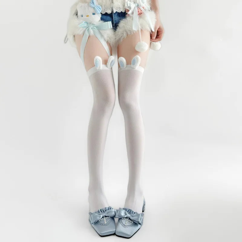 Women Japanese Bunny Ear Thigh High Stockings Thin Sheer Lolita Long Socks Sweet Aesthetic Over Knee Legwear For Dress Matching