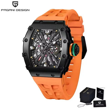 PAGANI DESIGN Men's Quartz Watch Tonneau Hollow Dial Luminous 50M Waterproof Sports Silicone Strap Luxury Watch Reloj Hombre