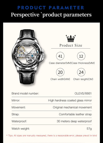 OLEVS 6661 Full Transparant Skelton Flywheel Automatic Mechanical Men's Watch Leather Strap Luxury Brand Original Man Wristwatch