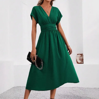 Woman Summer Solid-Color V-Neck Batwing-Sleeve Pleated Long Elegant Dress Woman Clothing Tops Skirts Y2k Clothes