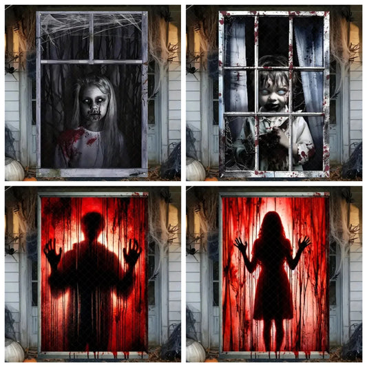 Scary Halloween Curtain Window Banner Horror Hanging Cloth Family Party Decoration Witch Zombie Ghosts Super Terrifying Backdrop
